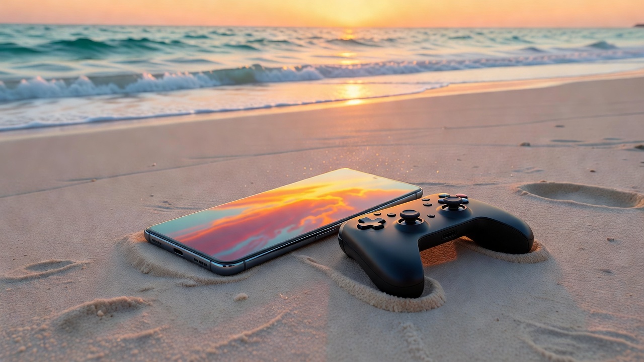 Android emulator setup on a phone at the beach