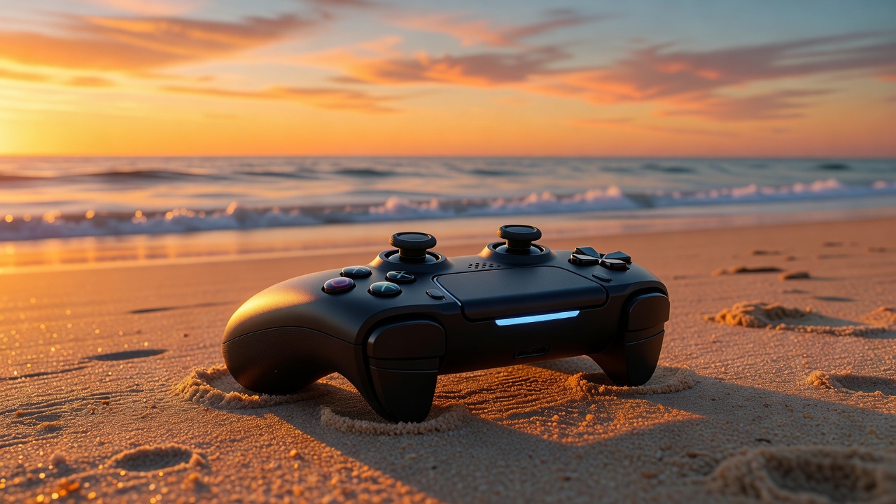 Game controller at sunset beach