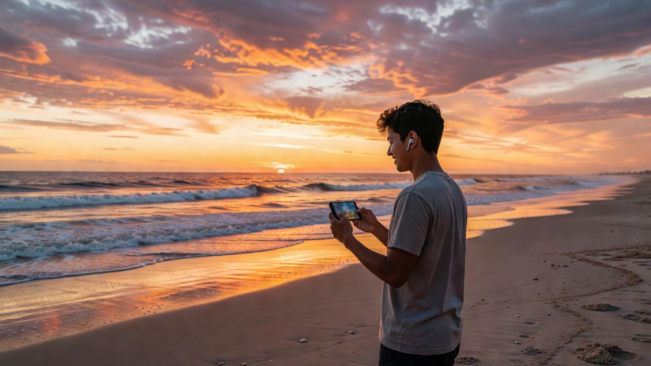 Modern mobile gaming technology at the beach