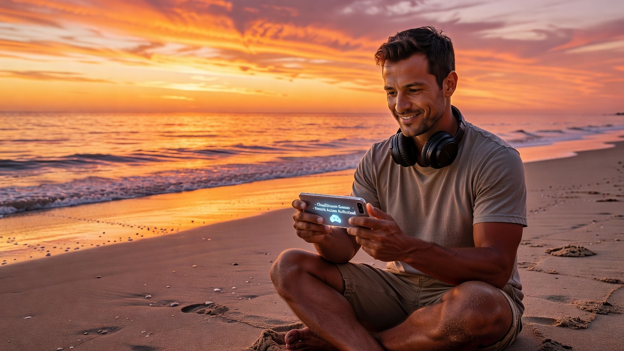 Person gaming remotely by the ocean